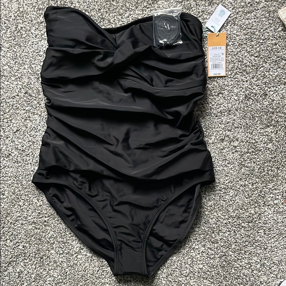 Kona Sol Black One Piece Swimsuit with Ruched Bodice